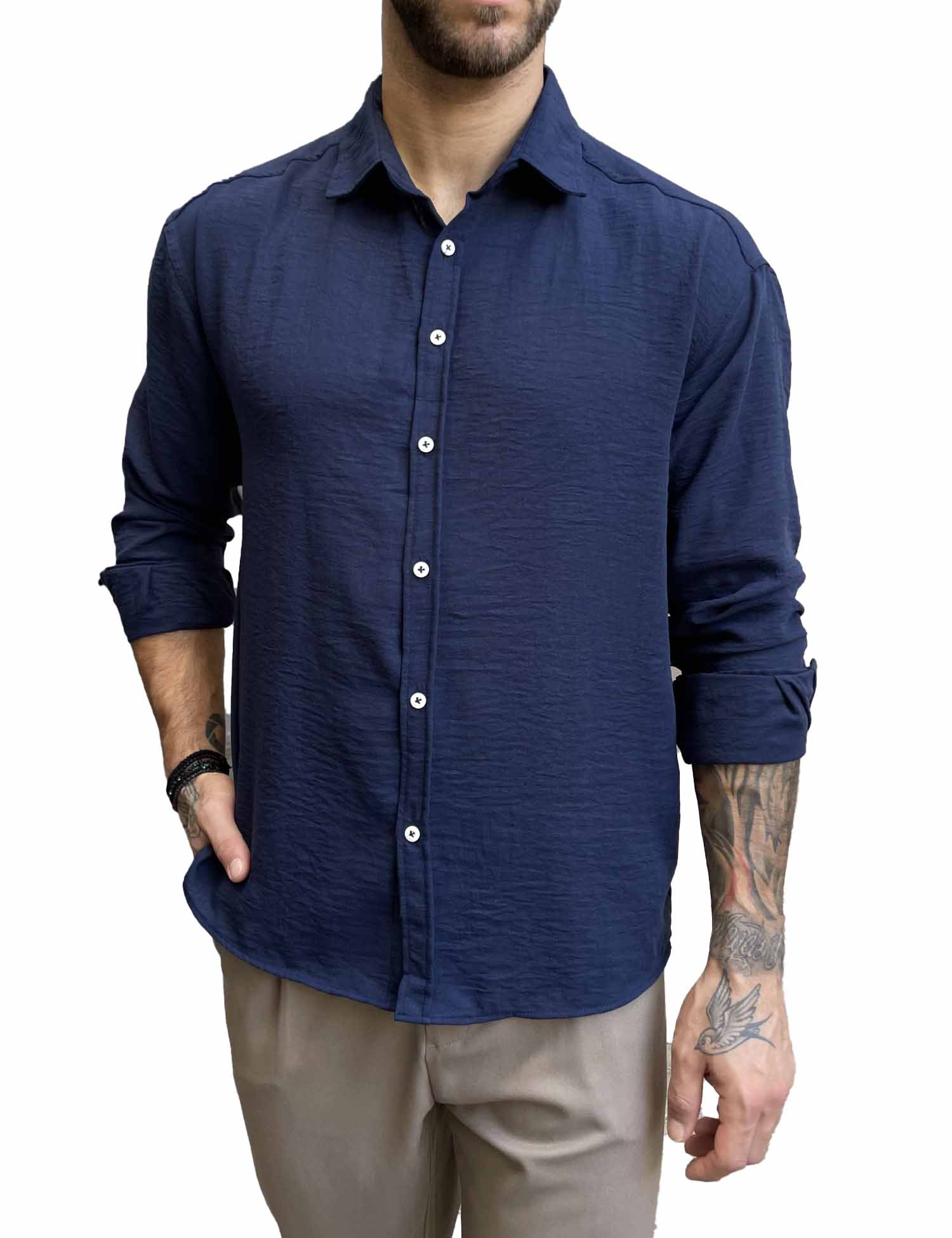 Ανδρικό μπλε γκοφρέ Overshirt με γιακά RMZ579N φωτογραφία